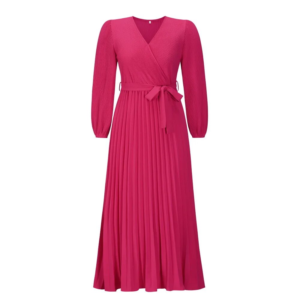 Fall/Winter New V-neck Long Sleeve Solid Color Pleated A-line Lace Up Ankle Length Dress