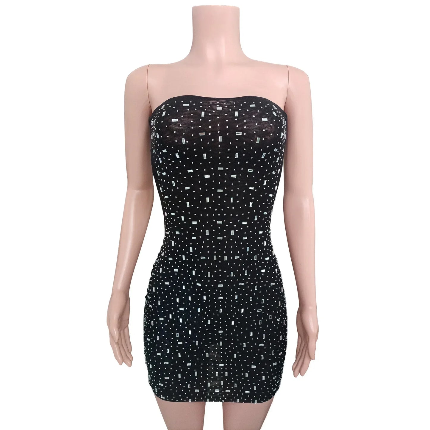 Fashionable Sexy Diamond Double-layer Mesh Strapless Bodycon Short Dress