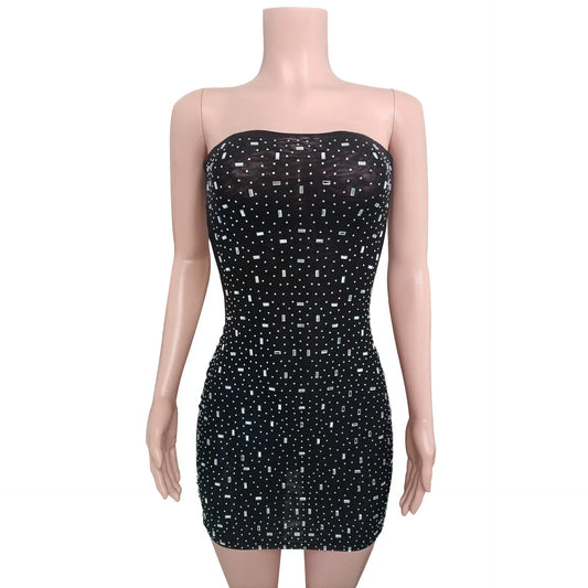 Fashionable Sexy Diamond Double-layer Mesh Strapless Bodycon Short Dress