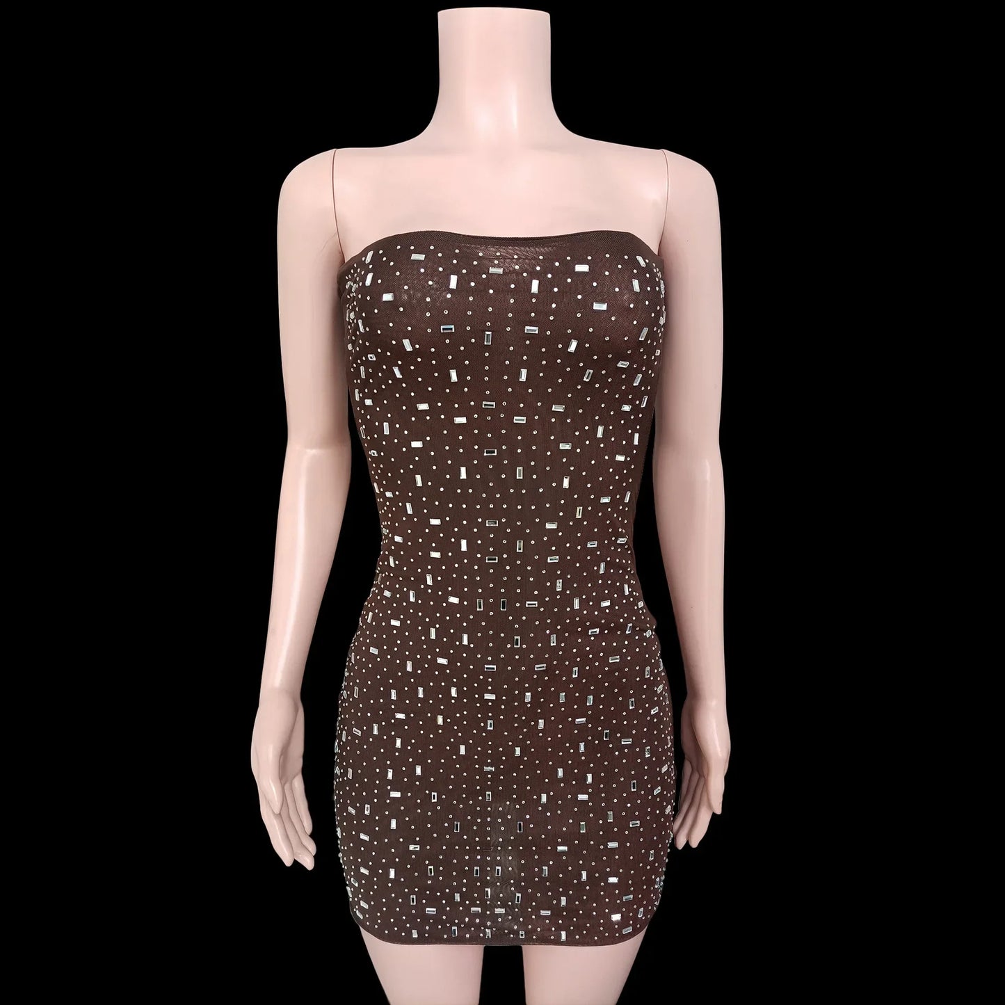 Fashionable Sexy Diamond Double-layer Mesh Strapless Bodycon Short Dress