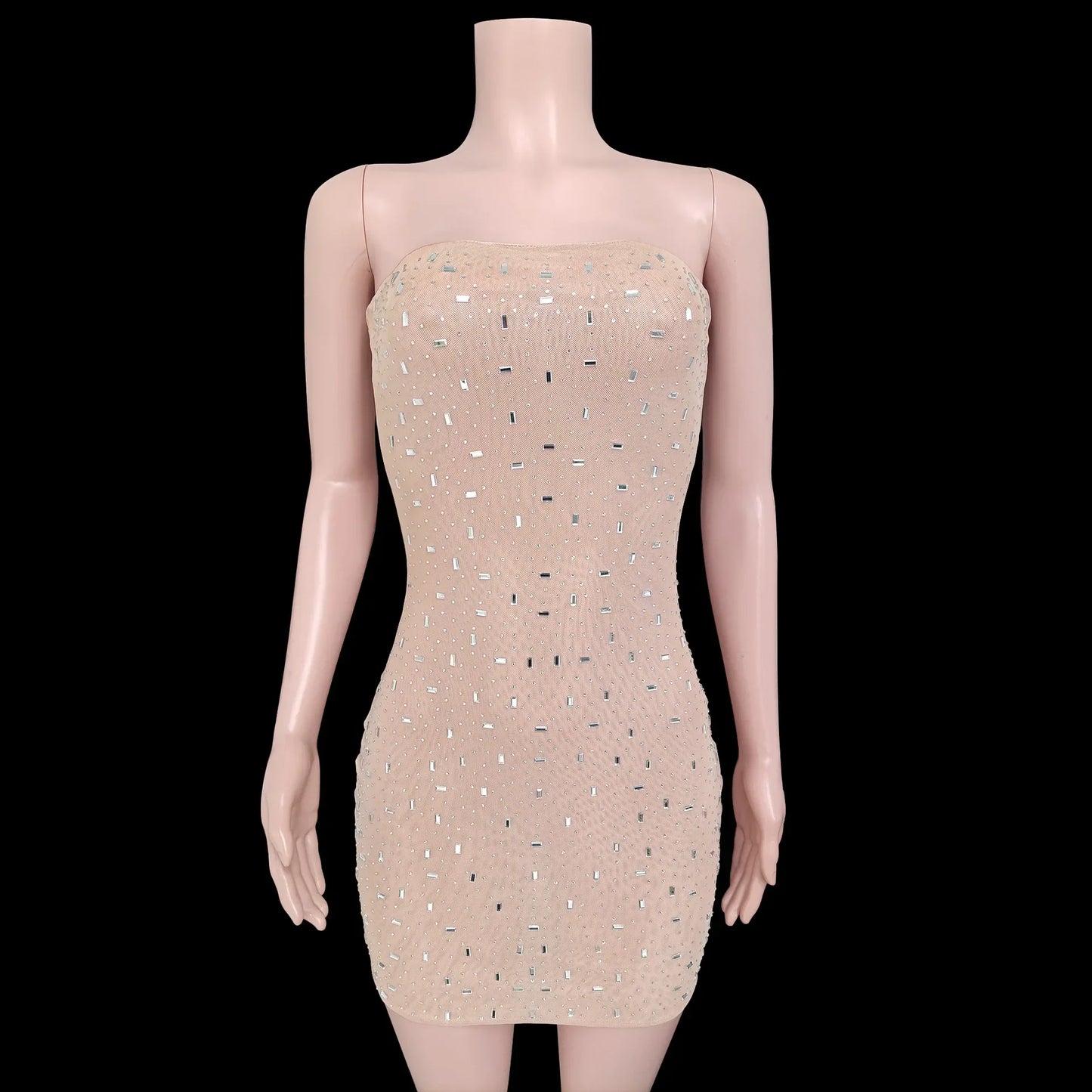 Fashionable Sexy Diamond Double-layer Mesh Strapless Bodycon Short Dress