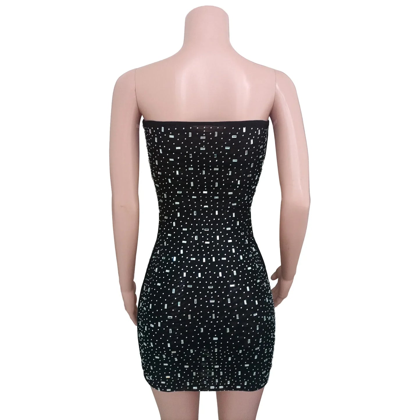 Fashionable Sexy Diamond Double-layer Mesh Strapless Bodycon Short Dress