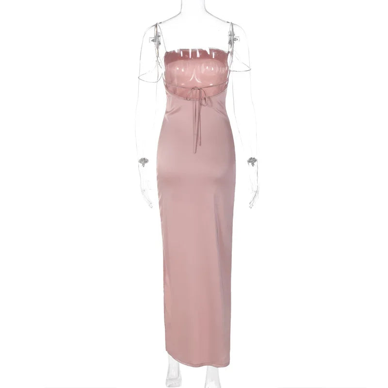 Fashionable Sexy Split Open Back Diamond Chain Pink Dress