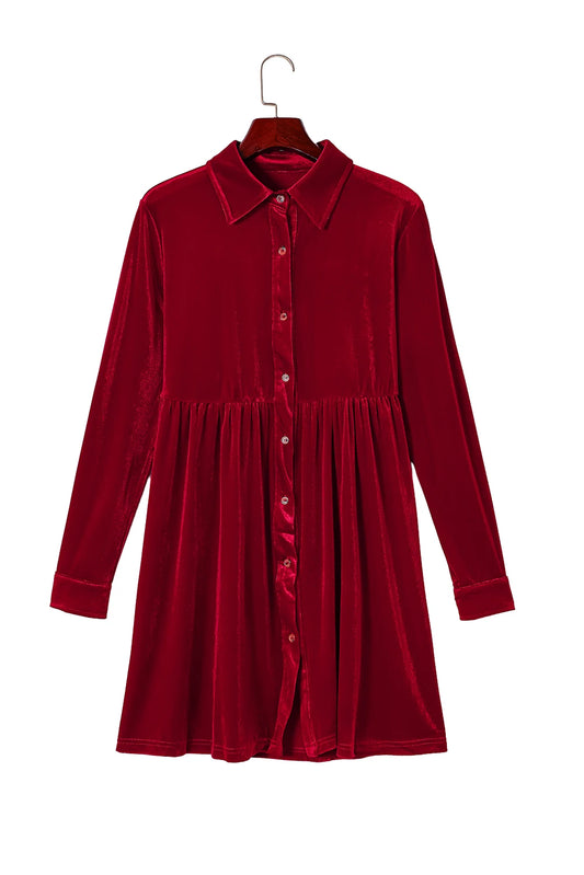 Fiery Red Long Sleeve Ruffle Velvet Button Up Dress