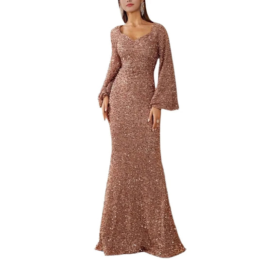 Flare Sleeves Sequined V-neck Formal Evening Long Dress