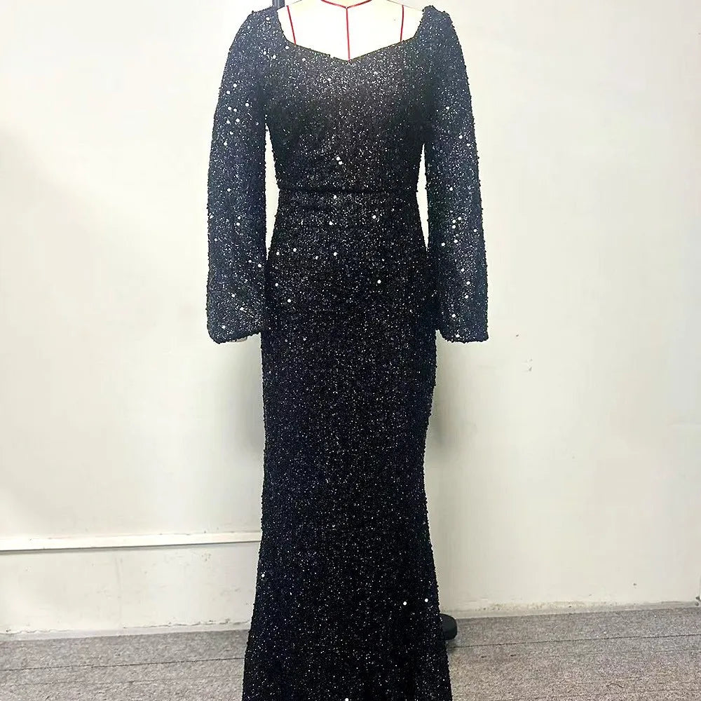 Flare Sleeves Sequined V-neck Formal Evening Long Dress