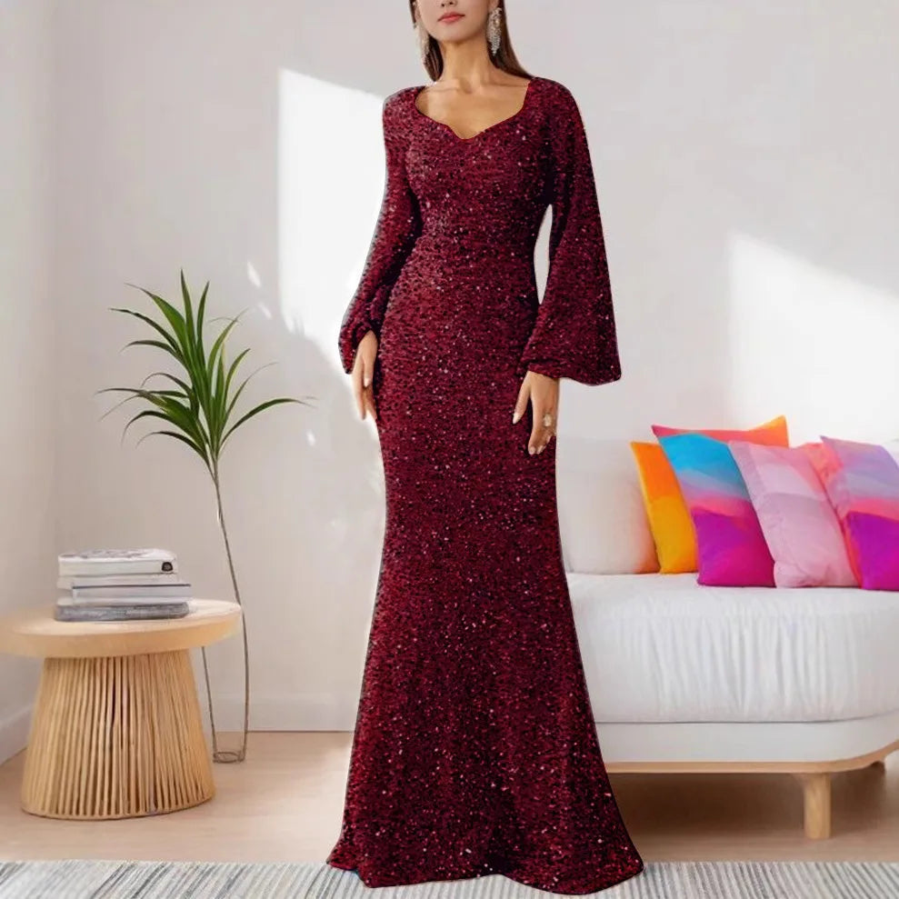 Flare Sleeves Sequined V-neck Formal Evening Long Dress