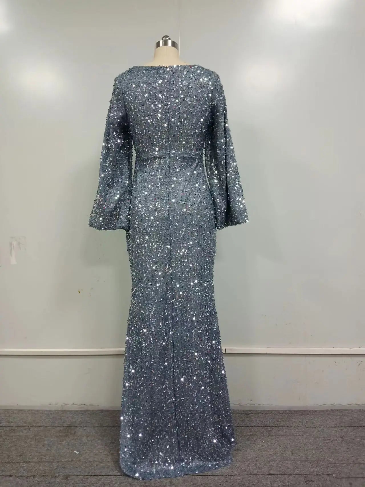 Flare Sleeves Sequined V-neck Formal Evening Long Dress