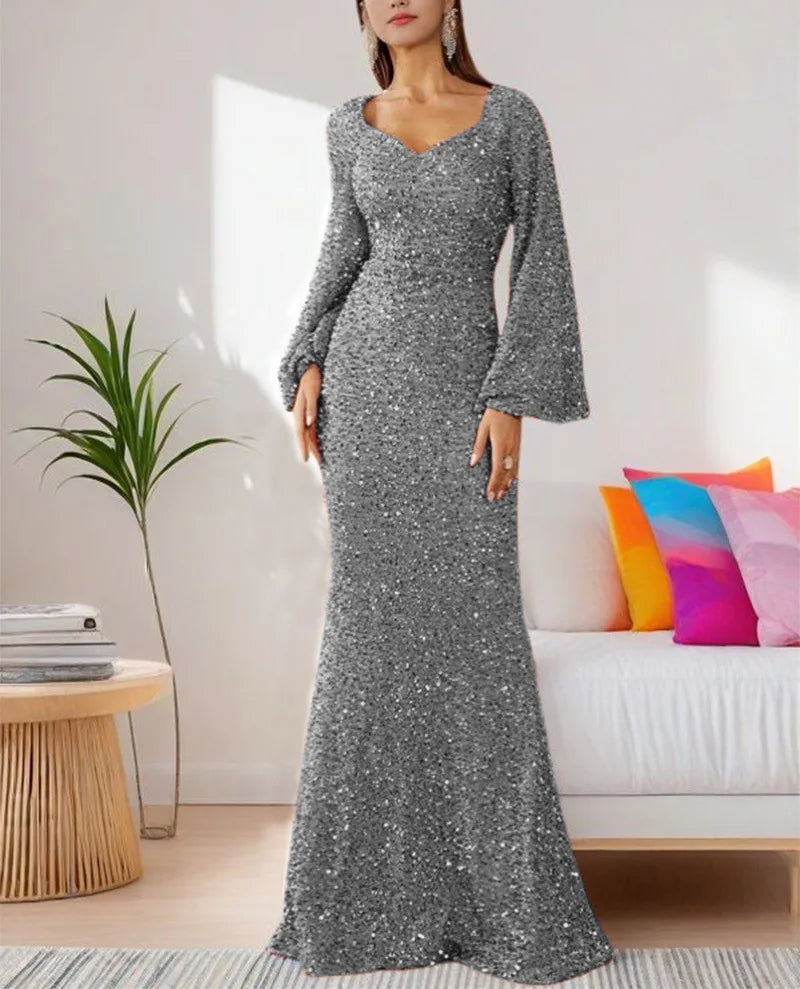 Flare Sleeves Sequined V-neck Formal Evening Long Dress