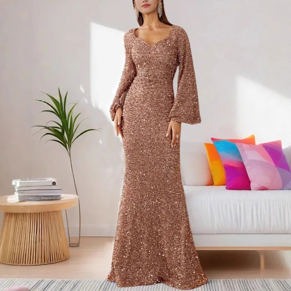 Flare Sleeves Sequined V-neck Formal Evening Long Dress