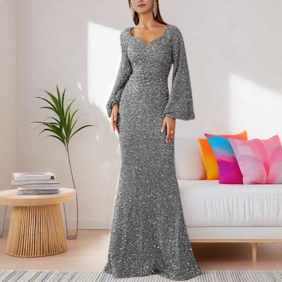 Flare Sleeves Sequined V-neck Formal Evening Long Dress