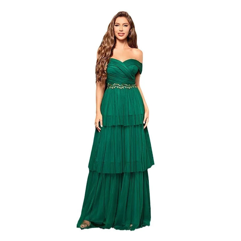 French Off Shoulder Tiered Mesh Formal Evening Dress Green