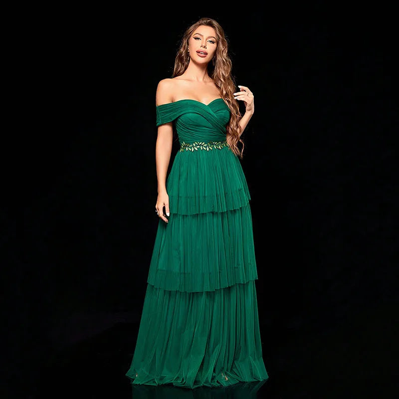 French Off Shoulder Tiered Mesh Formal Evening Dress Green