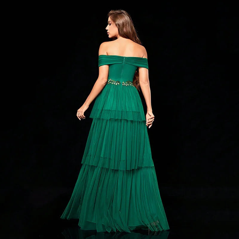 French Off Shoulder Tiered Mesh Formal Evening Dress Green