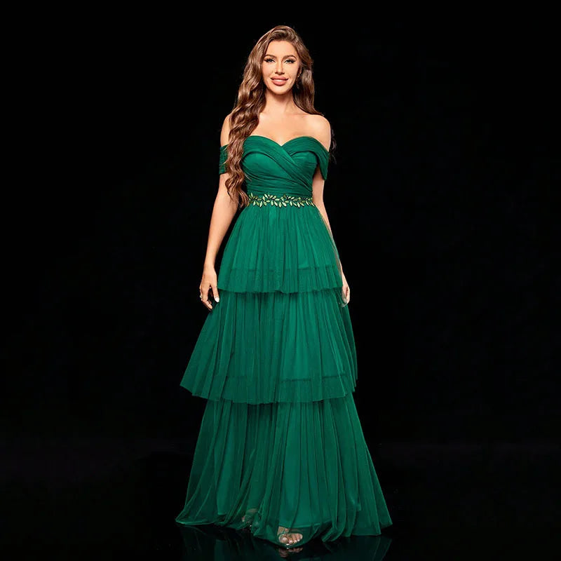 French Off Shoulder Tiered Mesh Formal Evening Dress Green