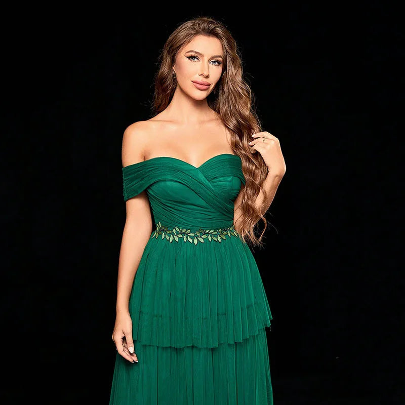 French Off Shoulder Tiered Mesh Formal Evening Dress Green