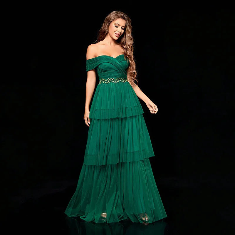 French Off Shoulder Tiered Mesh Formal Evening Dress Green