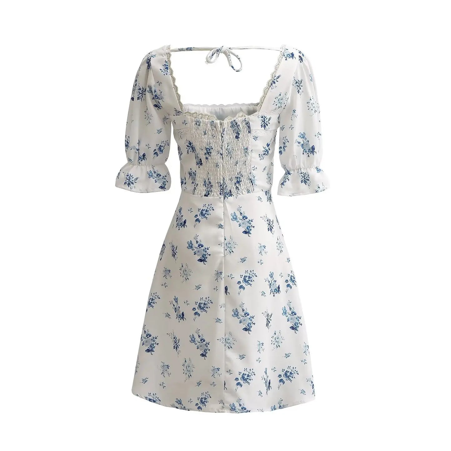 French Vetro Vacation 2024 Summer Square Collar Short Sleeve Print Flower Dress