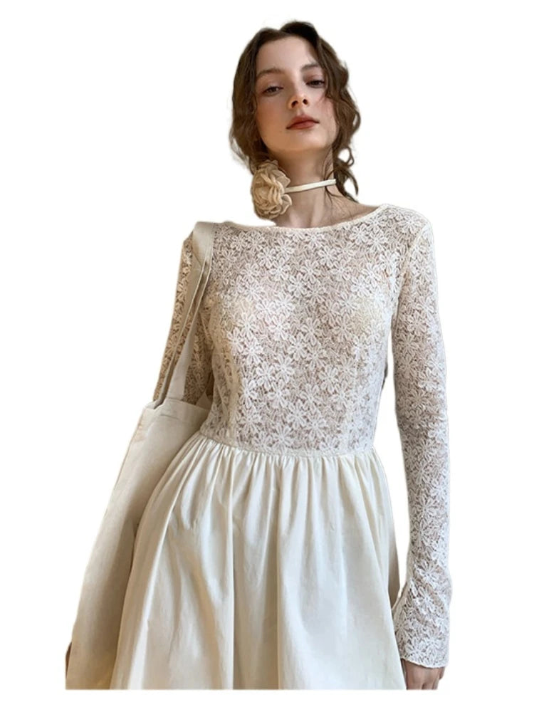 French Vintage Lace Hollow Open Back Long Sleeves Long Dress White