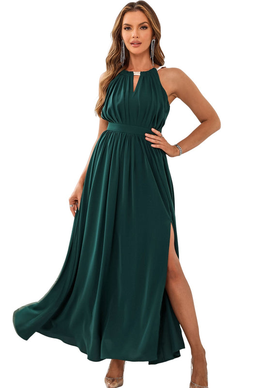 Green Glitter Trim Cutout Strapless Slit Party Formal Evening Dress