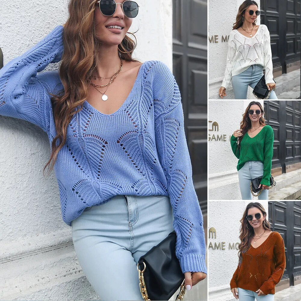 Hollow Loose Autumn and Winter V-neck Long-sleeved Knitted Sweater Women