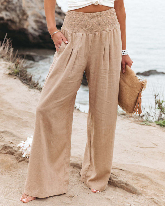 Hot Smocked Wide Waistband High Waist Wide Leg Casual Pants