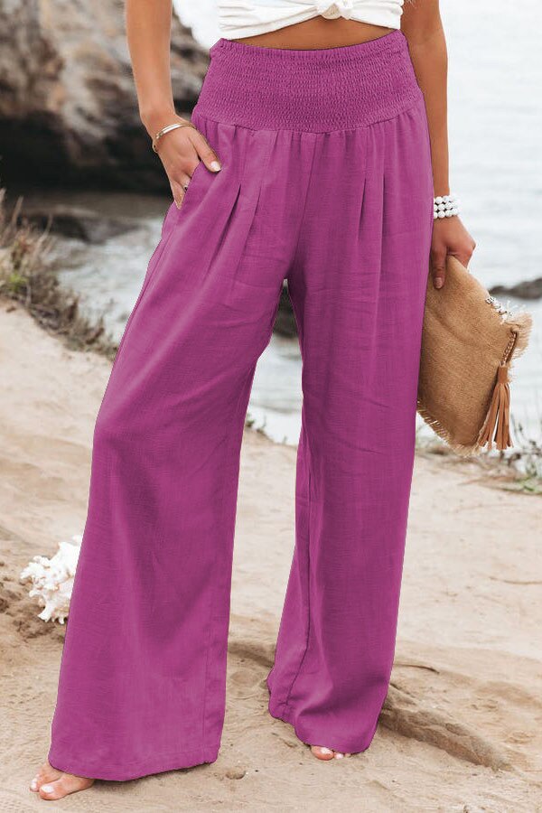 Hot Smocked Wide Waistband High Waist Wide Leg Casual Pants