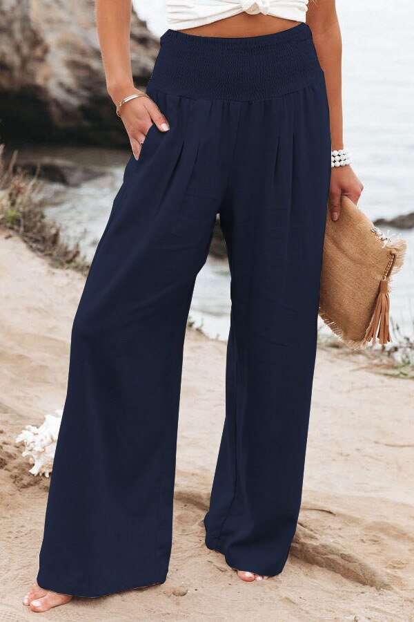 Hot Smocked Wide Waistband High Waist Wide Leg Casual Pants