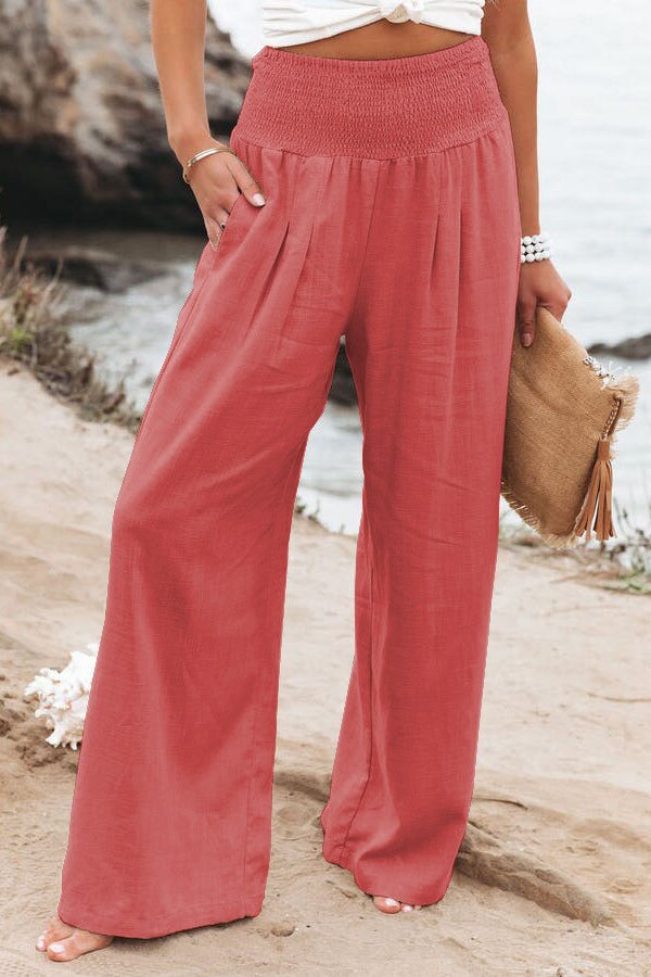 Hot Smocked Wide Waistband High Waist Wide Leg Casual Pants