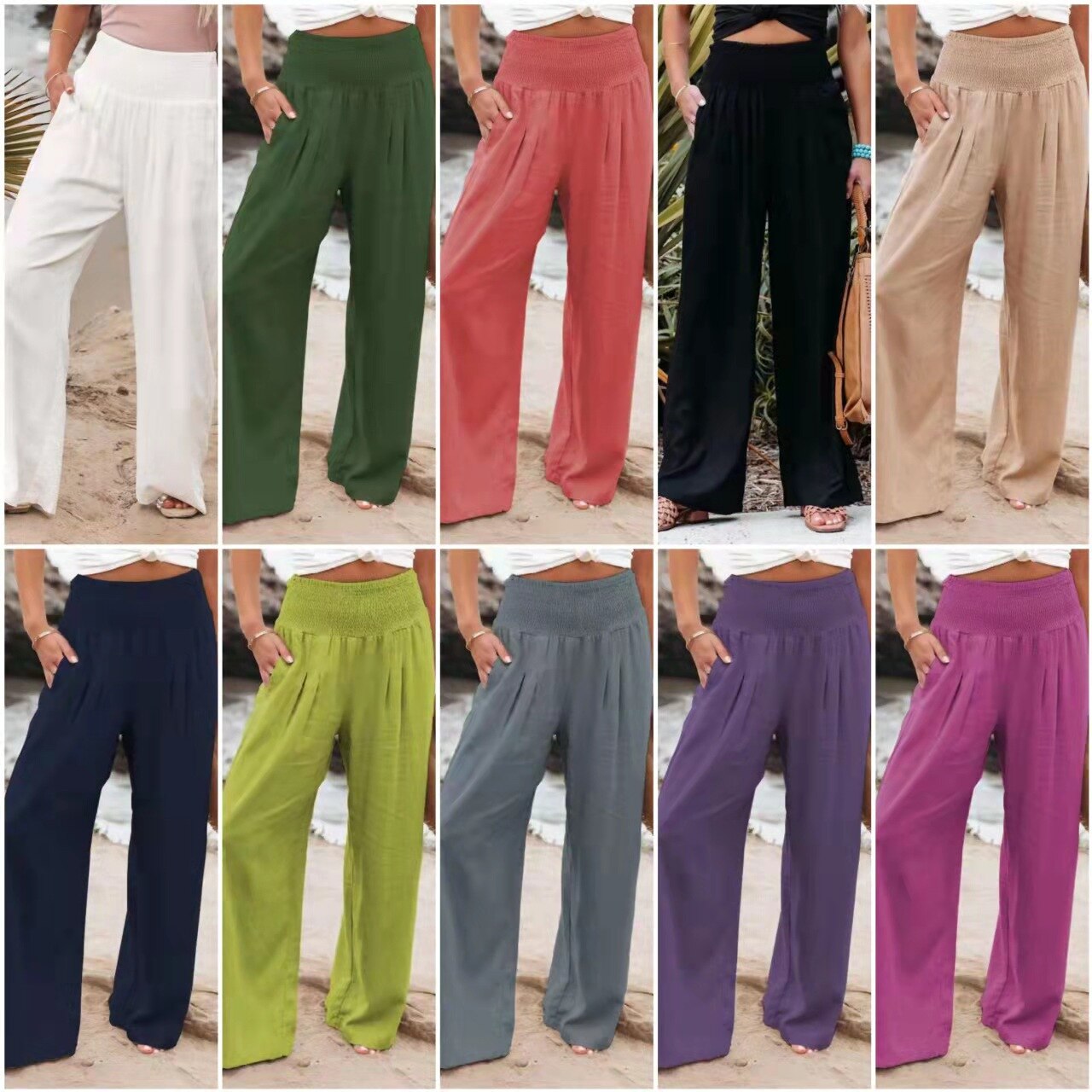 Hot Smocked Wide Waistband High Waist Wide Leg Casual Pants