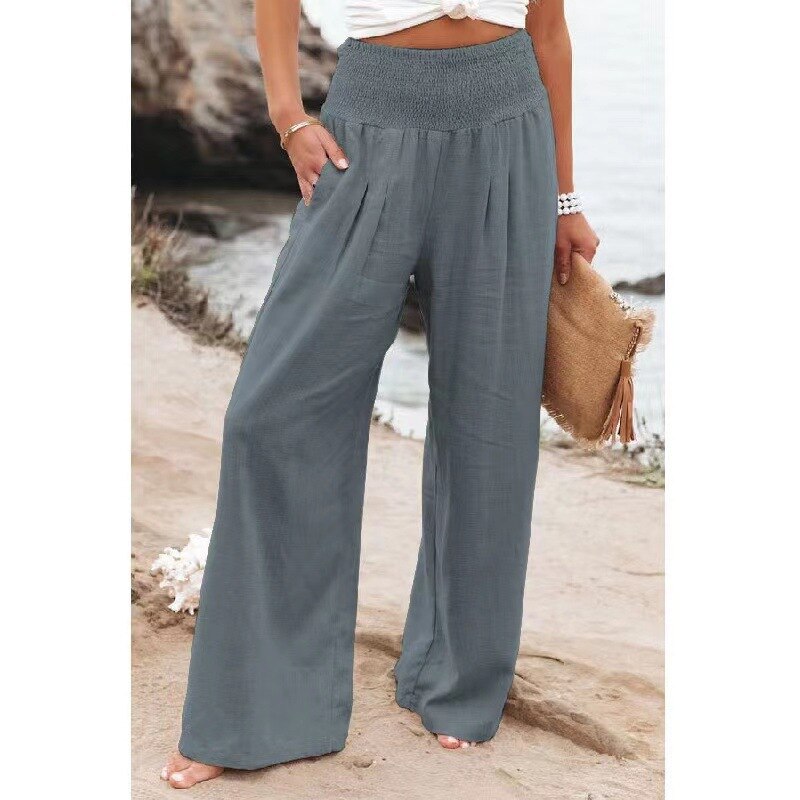 Hot Smocked Wide Waistband High Waist Wide Leg Casual Pants