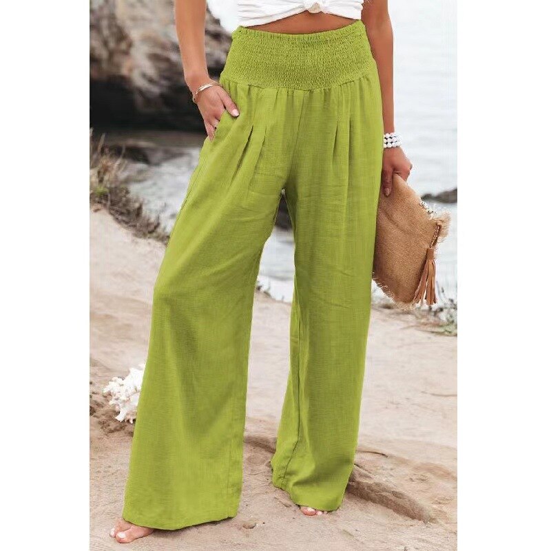 Hot Smocked Wide Waistband High Waist Wide Leg Casual Pants