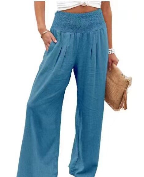 Hot Smocked Wide Waistband High Waist Wide Leg Casual Pants