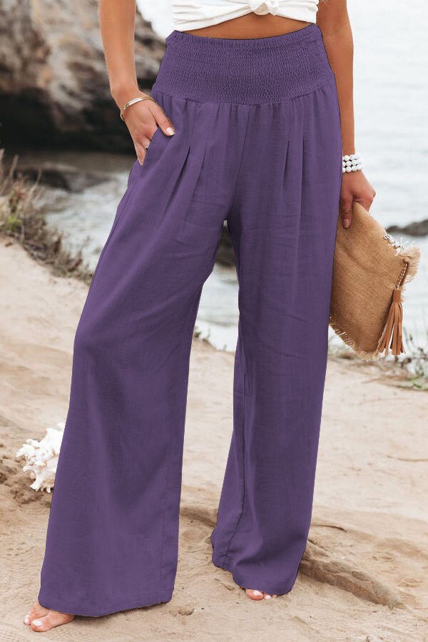 Hot Smocked Wide Waistband High Waist Wide Leg Casual Pants