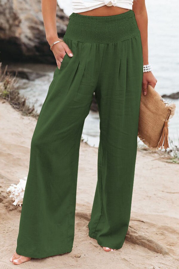 Hot Smocked Wide Waistband High Waist Wide Leg Casual Pants