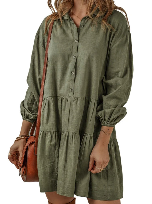 Jungle Green Puff Sleeve Buttoned Tiered Pleated Shirt Mini Dress