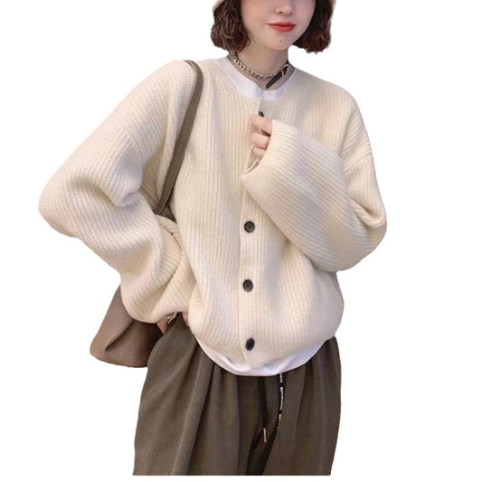 Knitted Cardigan Sweater for Women Solid Round Neck Outerwear Top Jacket