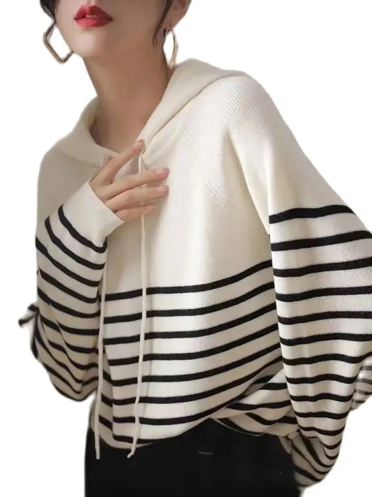 Knitted Hooded Pullover Striped Loose Sweater