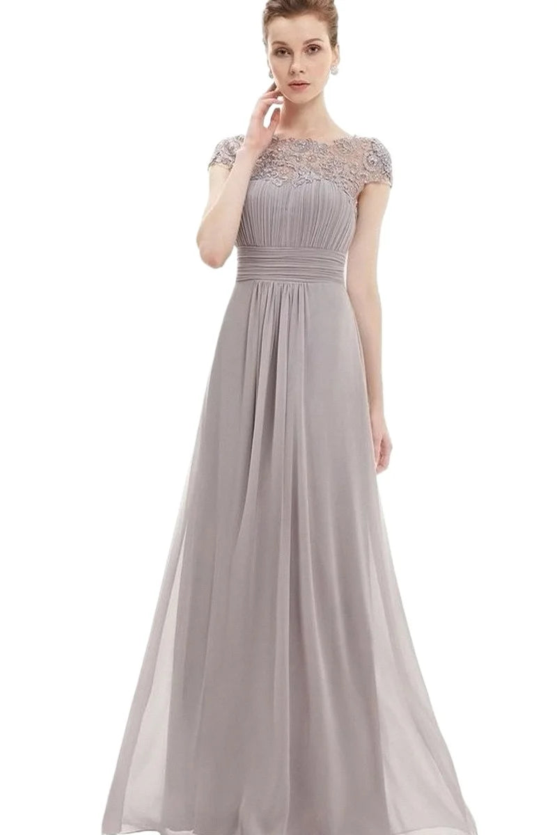 Lace Embroidery Cap Sleese Open Back Chiffon Long Formal Evening Dress