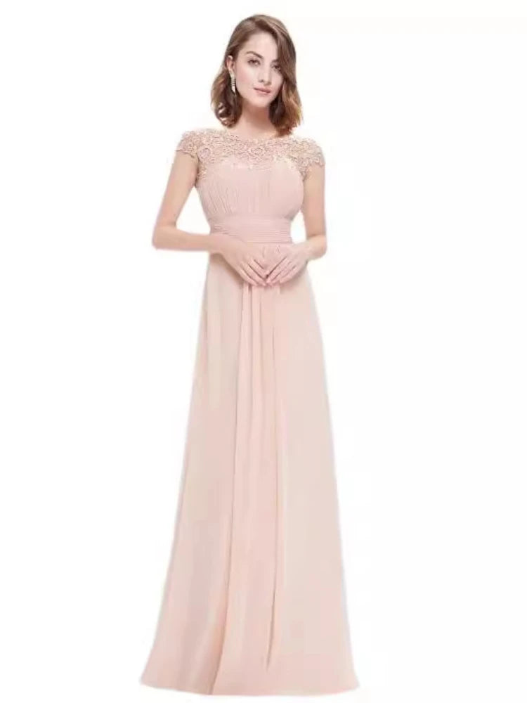 Lace Embroidery Cap Sleese Open Back Chiffon Long Formal Evening Dress