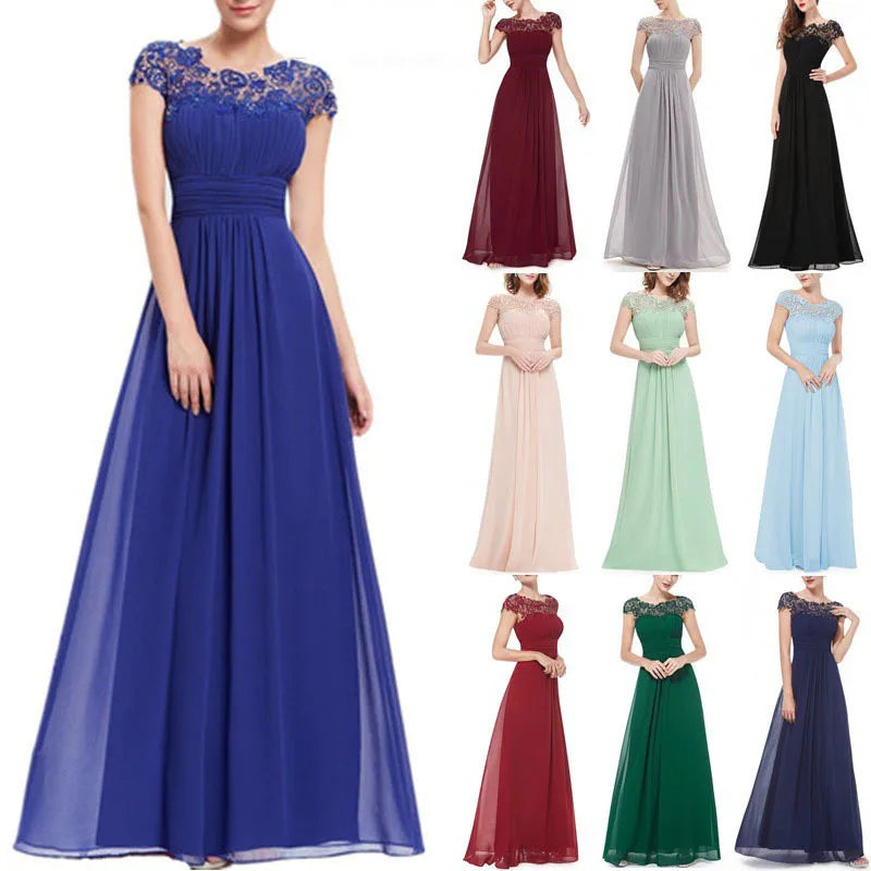 Lace Embroidery Cap Sleese Open Back Chiffon Long Formal Evening Dress