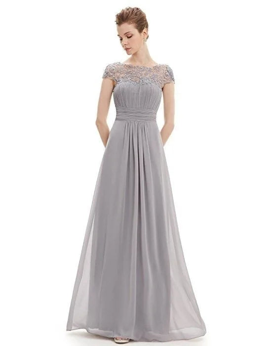 Lace Embroidery Cap Sleese Open Back Chiffon Long Formal Evening Dress