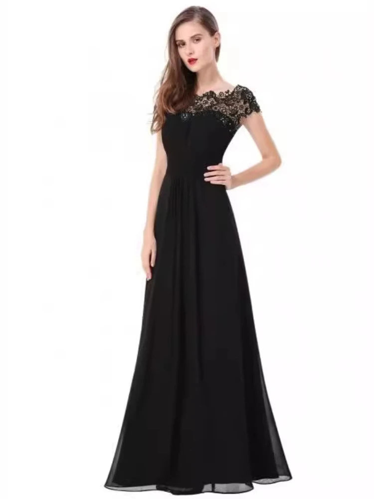 Lace Embroidery Cap Sleese Open Back Chiffon Long Formal Evening Dress