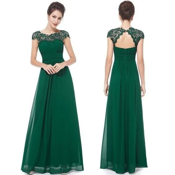 Lace Embroidery Cap Sleese Open Back Chiffon Long Formal Evening Dress