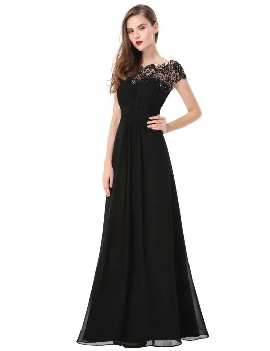 Lace Embroidery Cap Sleese Open Back Chiffon Long Formal Evening Dress