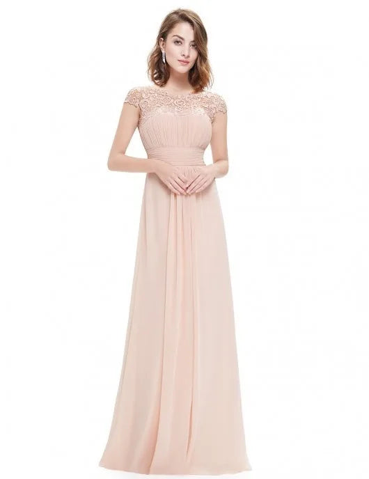 Lace Embroidery Cap Sleese Open Back Chiffon Long Formal Evening Dress