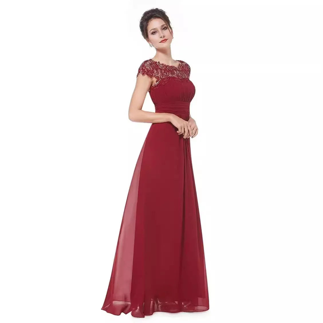 Lace Embroidery Cap Sleese Open Back Chiffon Long Formal Evening Dress