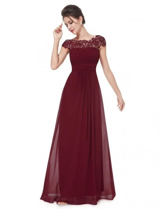 Lace Embroidery Cap Sleese Open Back Chiffon Long Formal Evening Dress