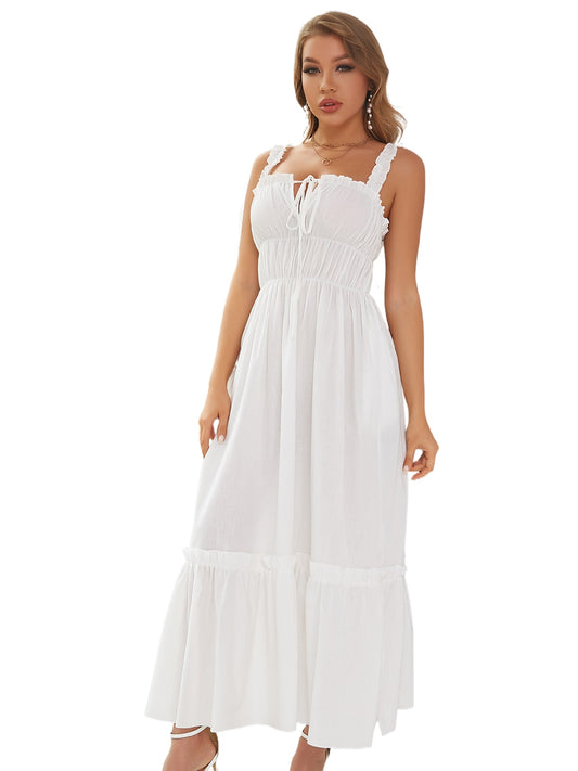 Lace Up Spaghetti Straps Pleated Swing Ankle Length White Dress