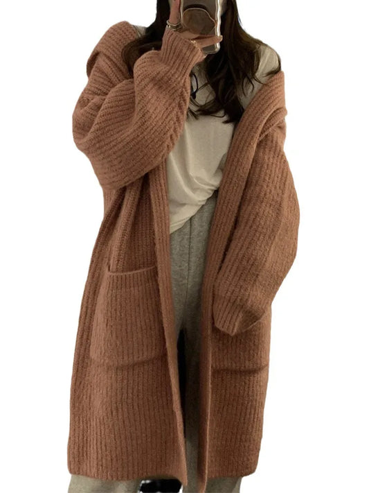 Lazy Hooded Loose Thickened Mid Length Solid Color Cardigan Jacket Sweater with Pockets